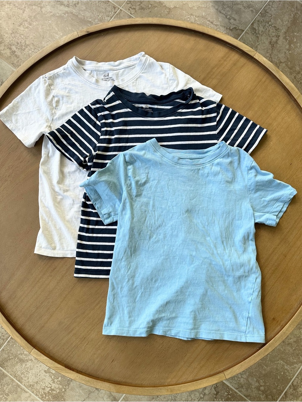 H&M Kids 3-Pack Organic Cotton T-Shirts, Size 8/10, White Navy Blue